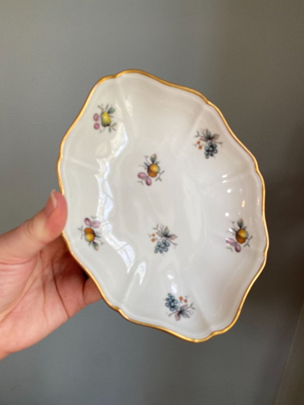 Vintage Limoges France Porcelain Trinket Dish With Gold Trim & Floral Fruit Desi